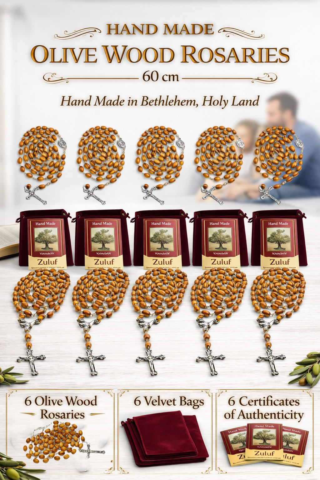 Olive Wood Rosary Handmade in Bethlehem – 23.6” Catholic Wooden Rosary with Silver Crucifix – Set of 3 or 6 – Includes Velvet Bags & Certificates – Holy Land Christian Gift