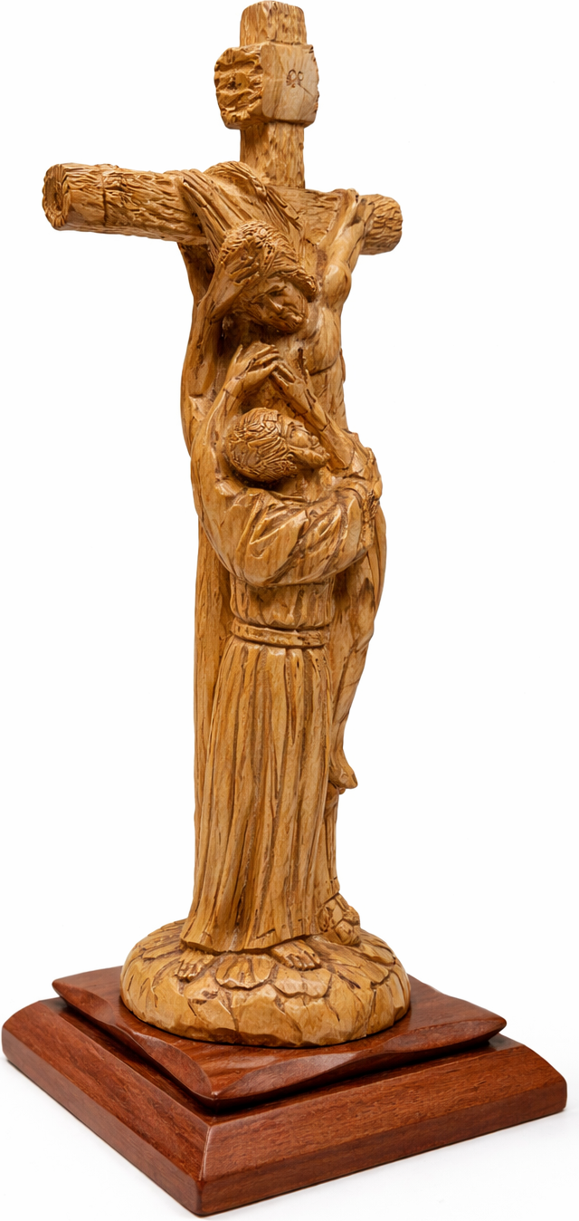 Hand-Carved Olive Wood Crucifix with Saint Figure from Bethlehem – Jesus on the Cross – Large Holy Land Christian Sculpture — 18.3 Inch