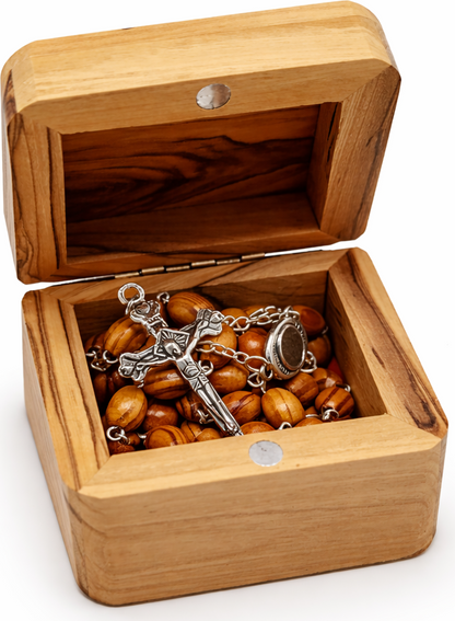 Olive Wood Rosary with Handmade Olive Wood Storage Box, Catholic Prayer Beads with Crucifix & Center Medal, Red Velvet Lined Box, Holy Land Style Gift for Baptism, First Communion & Confirmation, 60 cm