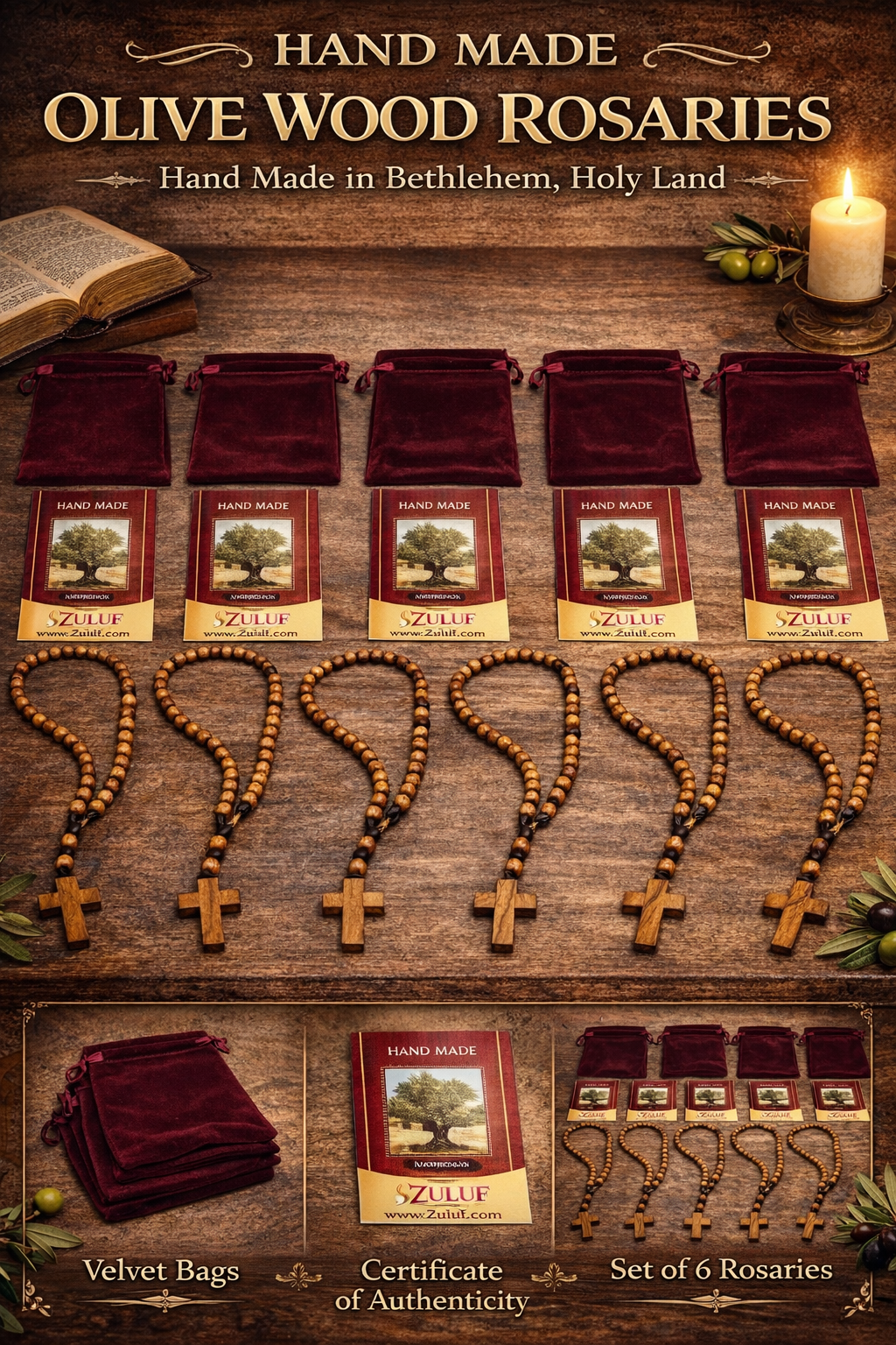 Set of 3 Olive Wood Rosary Beads Handmade in Bethlehem – Catholic Wooden Rosary with Cross – Includes 3 Velvet Bags & 3 Certificates – Holy Land Christian Gift