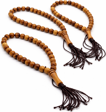 Olive Wood Prayer Beads 25 cm with Tassel, Handmade Wooden Worry Beads with Velvet Pouch, Smooth Round Beads for Prayer, Meditation & Daily Carry