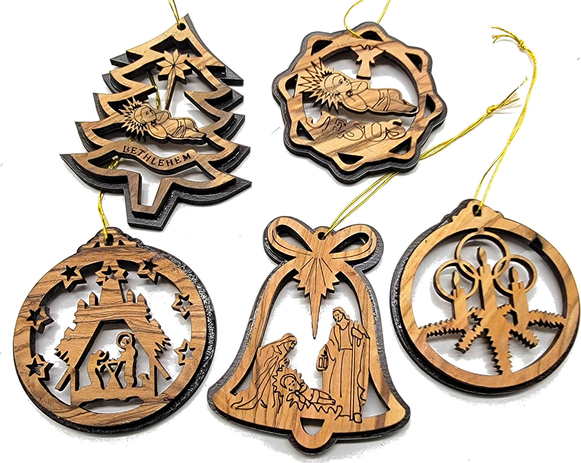 2 Olive Wood Christmas Ornaments Nativity Bell Tree Bethlehem