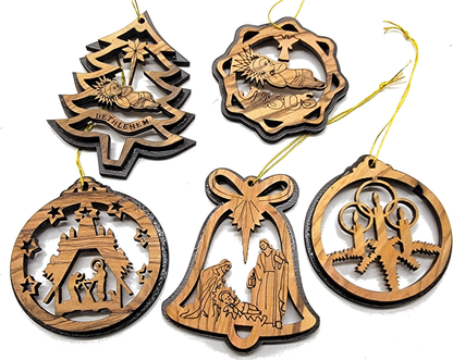 2 Olive Wood Christmas Ornaments Nativity Bell Tree Bethlehem