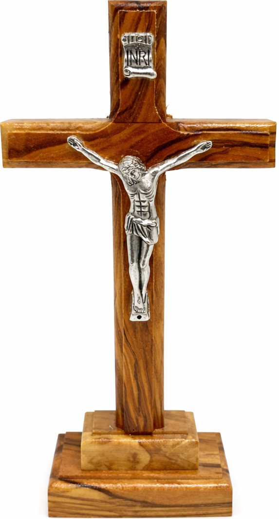 Handmade Olive Wood Crucifix from Bethlehem – Christian Cross with Metal Corpus & INRI – Holy Land Gift (4 Sizes)