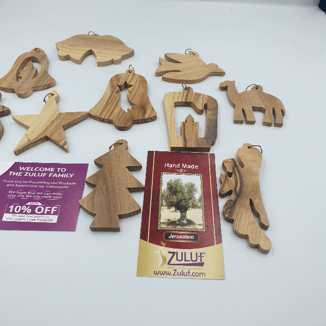 Hand-Carved Olive Wood Ornament Set from Bethlehem, Assorted Christmas Shapes