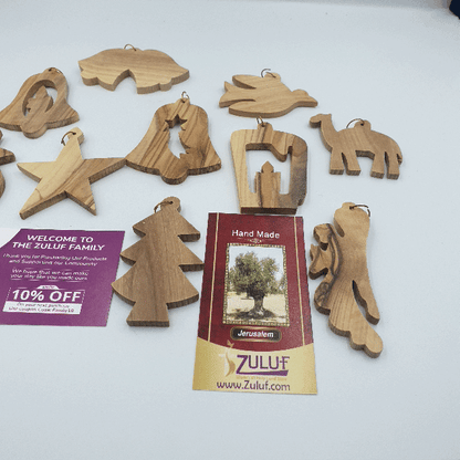 Hand-Carved Olive Wood Ornament Set from Bethlehem, Assorted Christmas Shapes