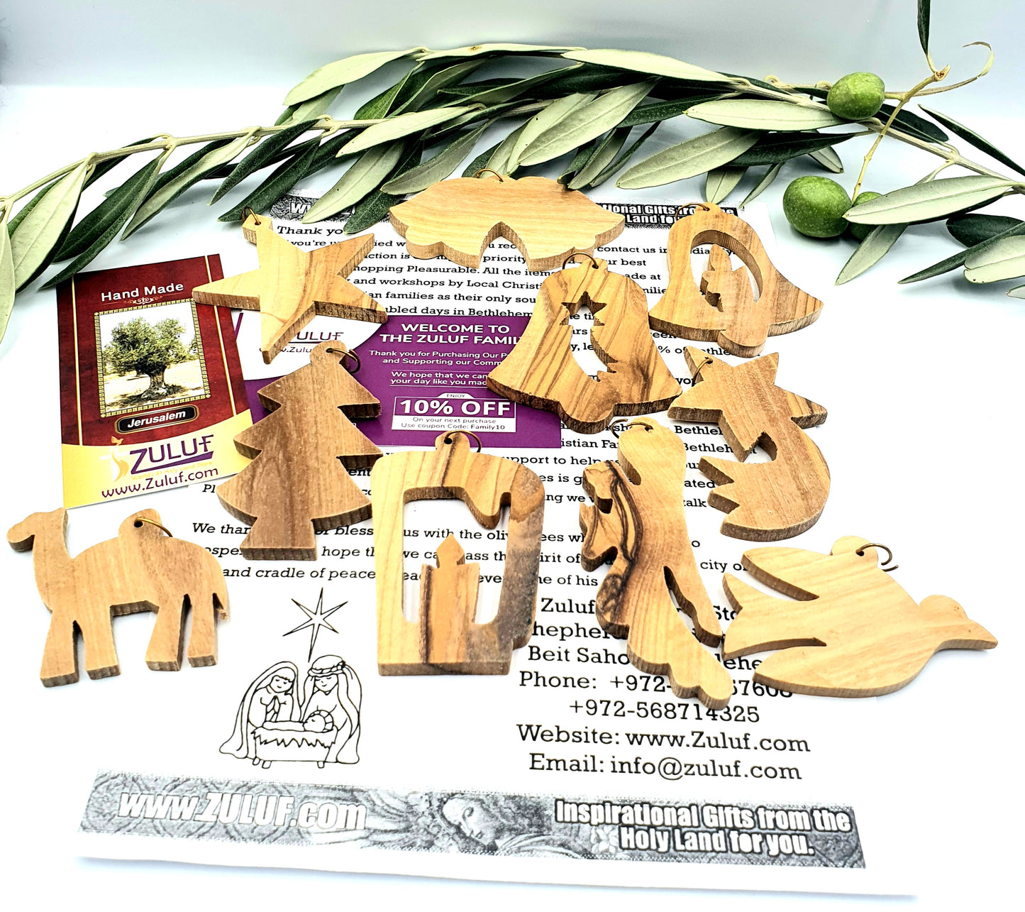 Hand-Carved Olive Wood Ornament Set from Bethlehem, Assorted Christmas Shapes