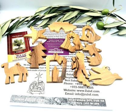 Hand-Carved Olive Wood Ornament Set from Bethlehem, Assorted Christmas Shapes