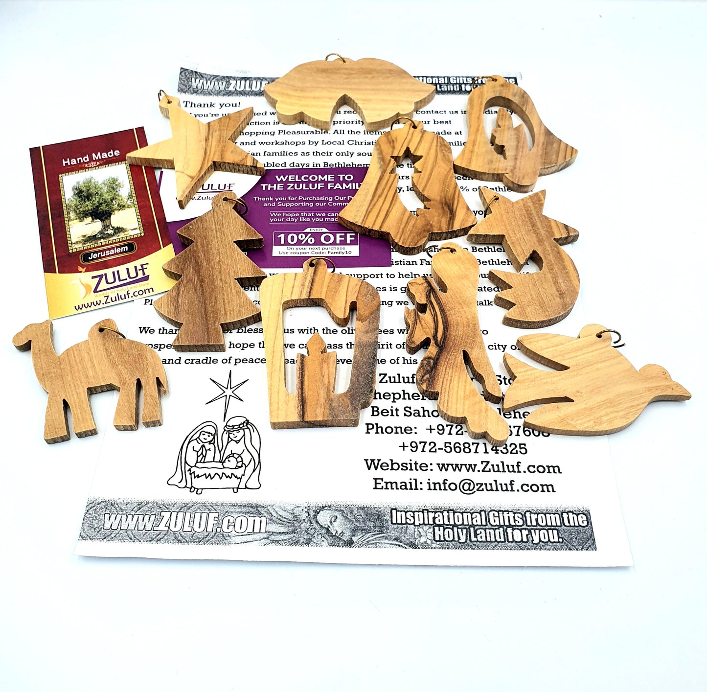 Hand-Carved Olive Wood Ornament Set from Bethlehem, Assorted Christmas Shapes