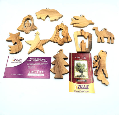 Hand-Carved Olive Wood Ornament Set from Bethlehem, Assorted Christmas Shapes