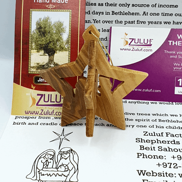 Hand-Carved 3D Olive Wood Star Nativity Ornament from Bethlehem