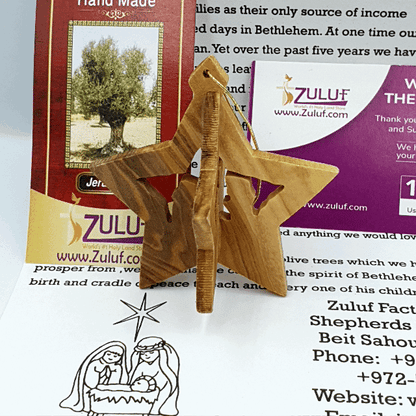 Hand-Carved 3D Olive Wood Star Nativity Ornament from Bethlehem