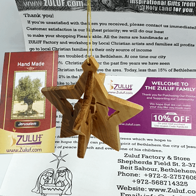 Hand-Carved 3D Olive Wood Star Nativity Ornament from Bethlehem