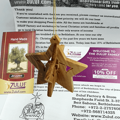 Hand-Carved 3D Olive Wood Star Nativity Ornament from Bethlehem