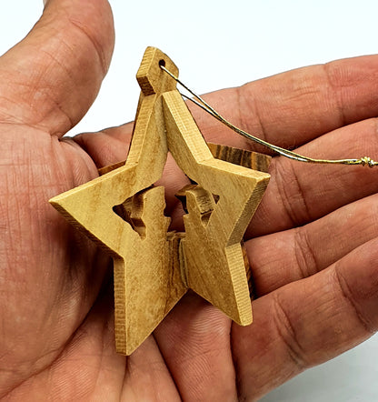 Hand-Carved 3D Olive Wood Star Nativity Ornament from Bethlehem