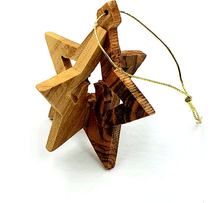 Hand-Carved 3D Olive Wood Star Nativity Ornament from Bethlehem