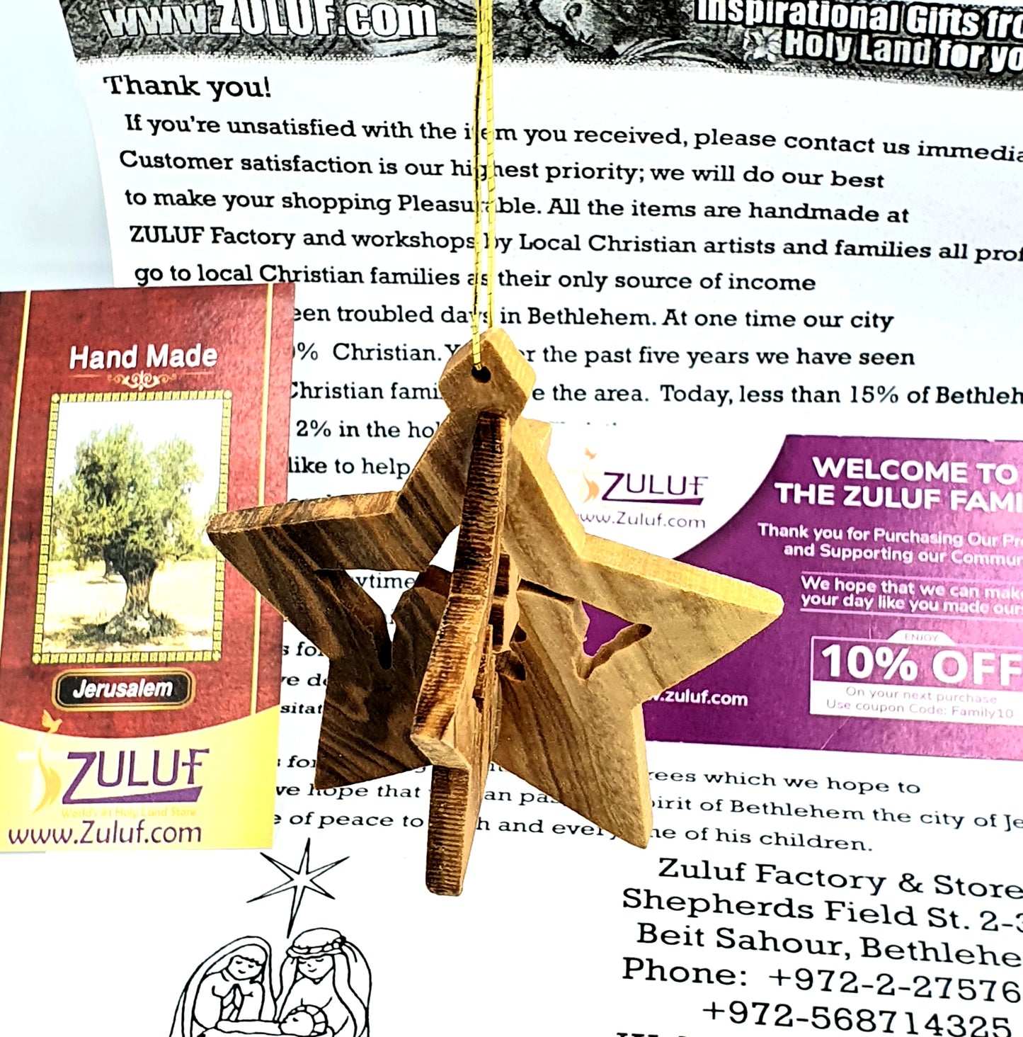 Hand-Carved 3D Olive Wood Star Nativity Ornament from Bethlehem