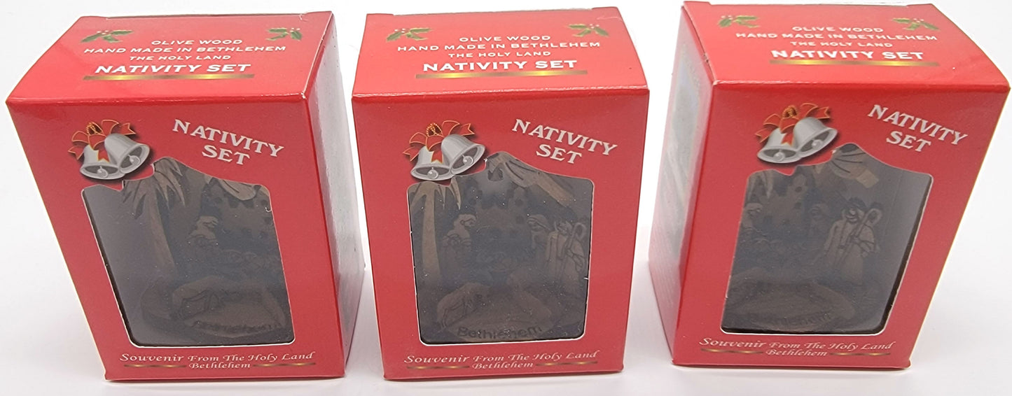 Laser-Carved Olive Wood Nativity Ornament from Bethlehem, 3D Manger Scene with Engraved Base