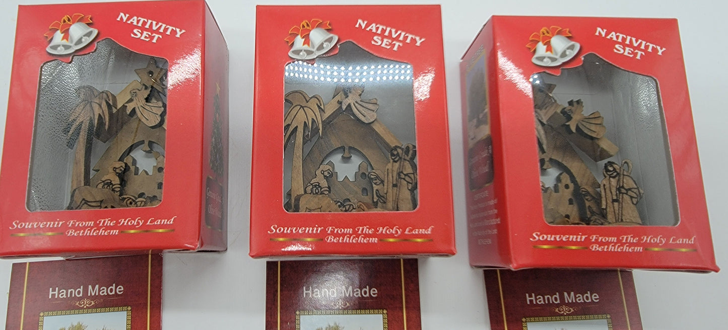 Laser-Carved Olive Wood Nativity Ornament from Bethlehem, 3D Manger Scene with Engraved Base