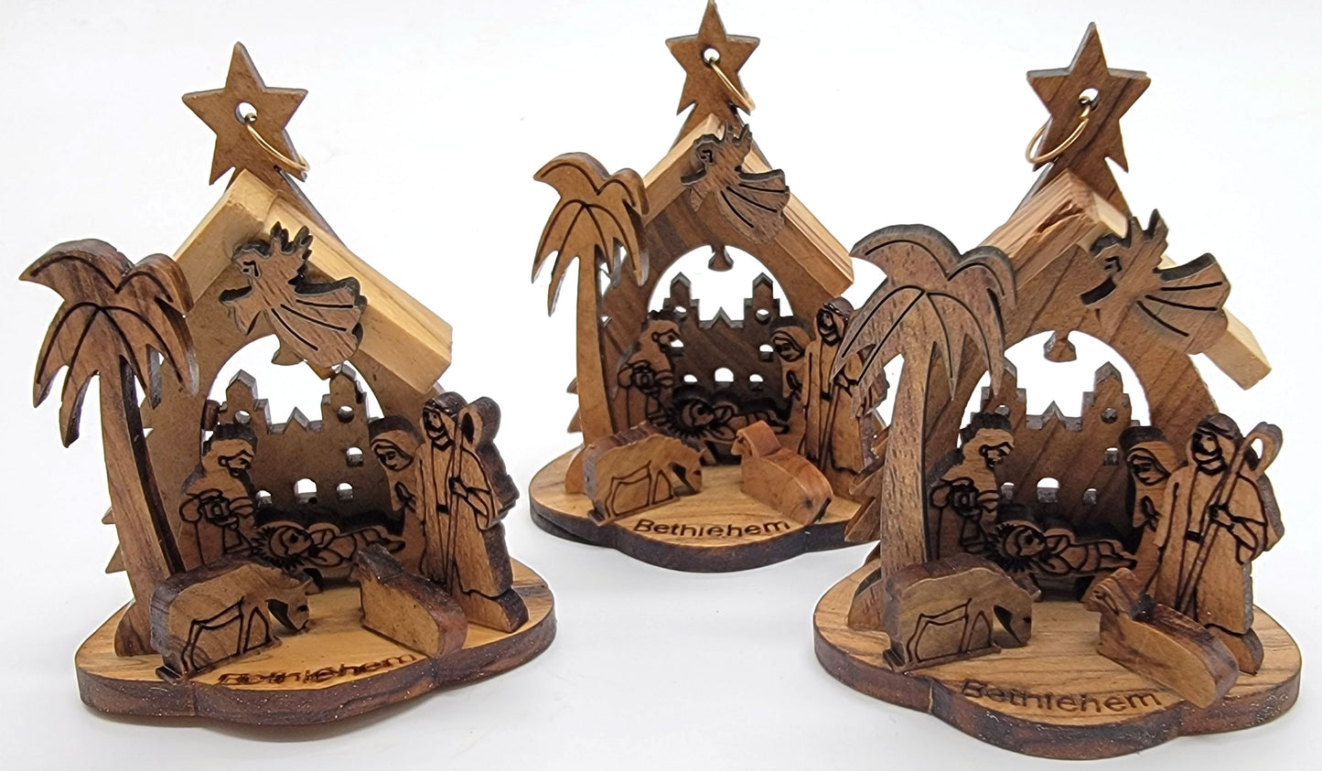 Laser-Carved Olive Wood Nativity Ornament from Bethlehem, 3D Manger Scene with Engraved Base