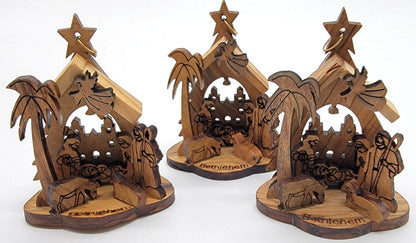 Laser-Carved Olive Wood Nativity Ornament from Bethlehem, 3D Manger Scene with Engraved Base