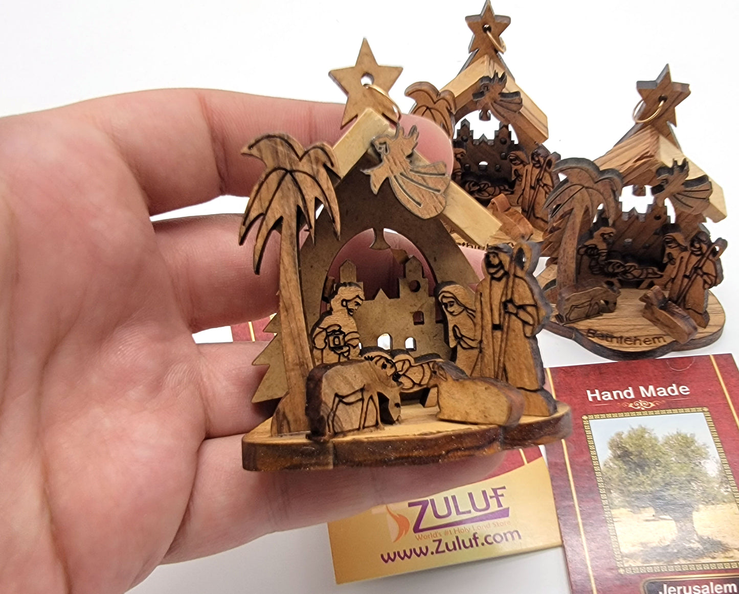 Laser-Carved Olive Wood Nativity Ornament from Bethlehem, 3D Manger Scene with Engraved Base