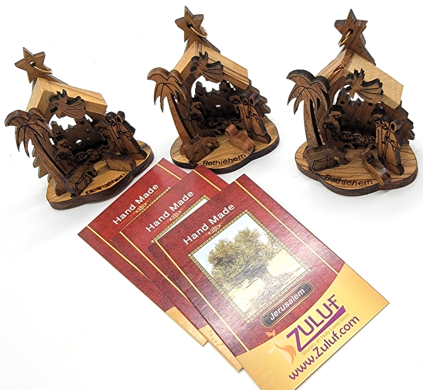 Laser-Carved Olive Wood Nativity Ornament from Bethlehem, 3D Manger Scene with Engraved Base