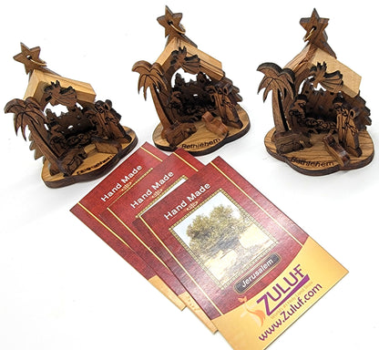 Laser-Carved Olive Wood Nativity Ornament from Bethlehem, 3D Manger Scene with Engraved Base