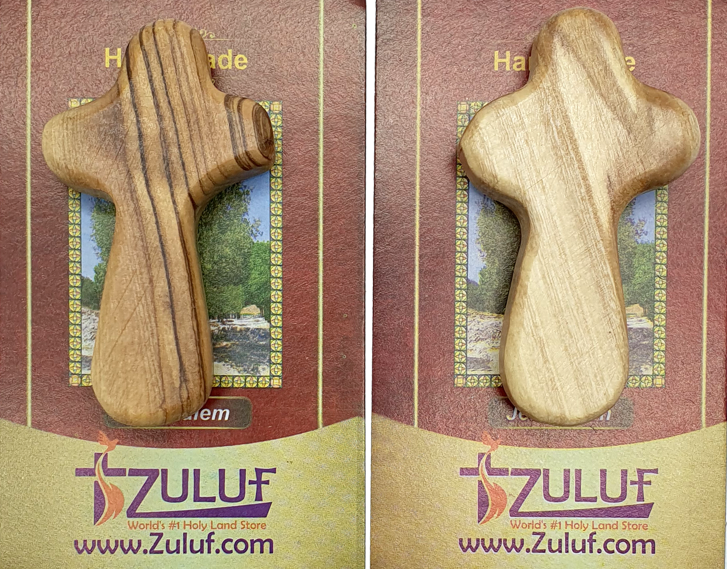 Olive Wood Hand Held Comfort Cross from Holy Land in Multiple Sizes - Close Up View