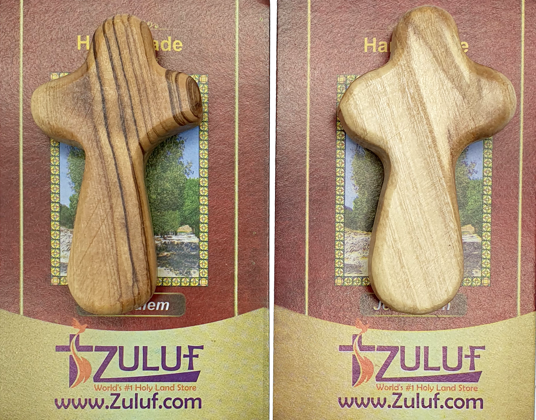 Olive Wood Hand Held Comfort Cross from Holy Land in Multiple Sizes - Close Up View