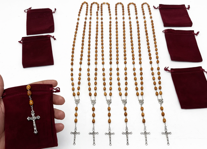 Olive Wood Rosary Handmade in Bethlehem – 23.6” Catholic Wooden Rosary with Silver Crucifix – Set of 3 or 6 – Includes Velvet Bags & Certificates – Holy Land Christian Gift