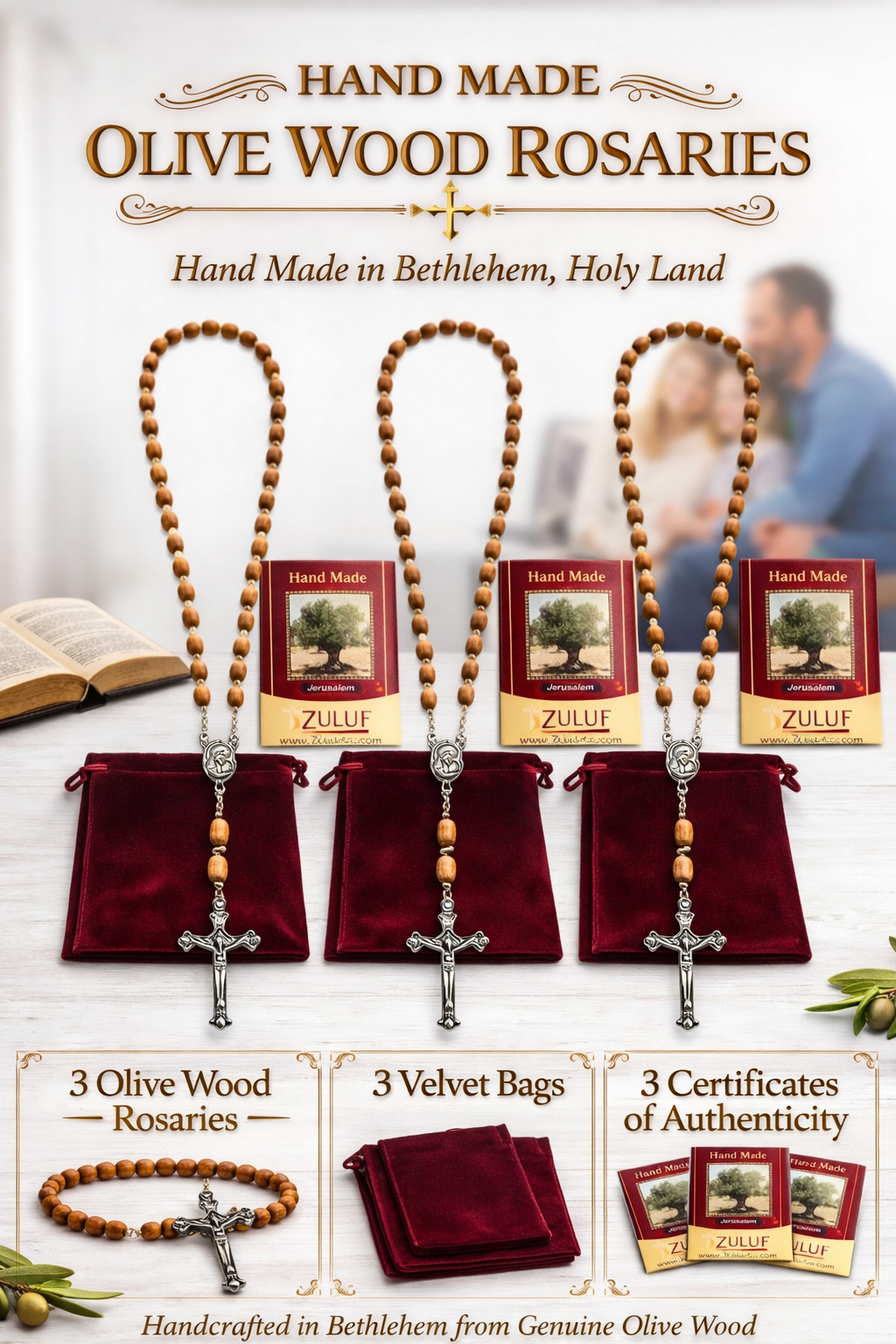 Olive Wood Rosary Handmade in Bethlehem – 23.6” Catholic Wooden Rosary with Silver Crucifix – Set of 3 or 6 – Includes Velvet Bags & Certificates – Holy Land Christian Gift