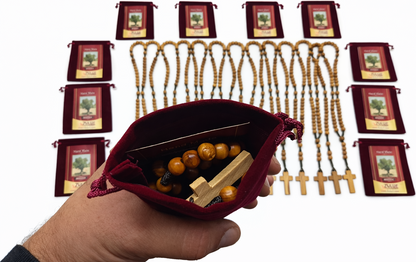 Set of 12 Olive Wood Rosaries Handmade in Bethlehem – 15.3” Catholic Wooden Rosary with Cross – Includes 12 Velvet Bags & 12 Certificates – Holy Land Bulk Gift Set
