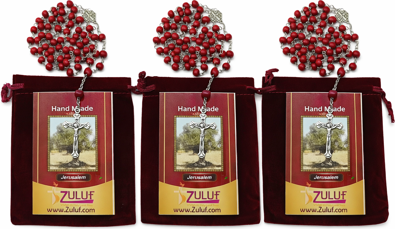 Red Catholic Rosary with Silver-Tone Crucifix – 18.8” Prayer Beads – Includes Velvet Bag & Certificate – Available as Single Rosary or Set of 3 – Christian Gift