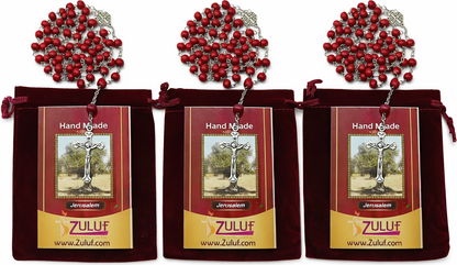 Red Catholic Rosary with Silver-Tone Crucifix – 18.8” Prayer Beads – Includes Velvet Bag & Certificate – Available as Single Rosary or Set of 3 – Christian Gift