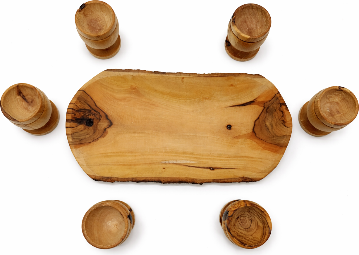 Olive Wood Mini Communion Cups Set of 6 with Bread Dish – Handmade in Bethlehem from Genuine Holy Land Olive Wood
