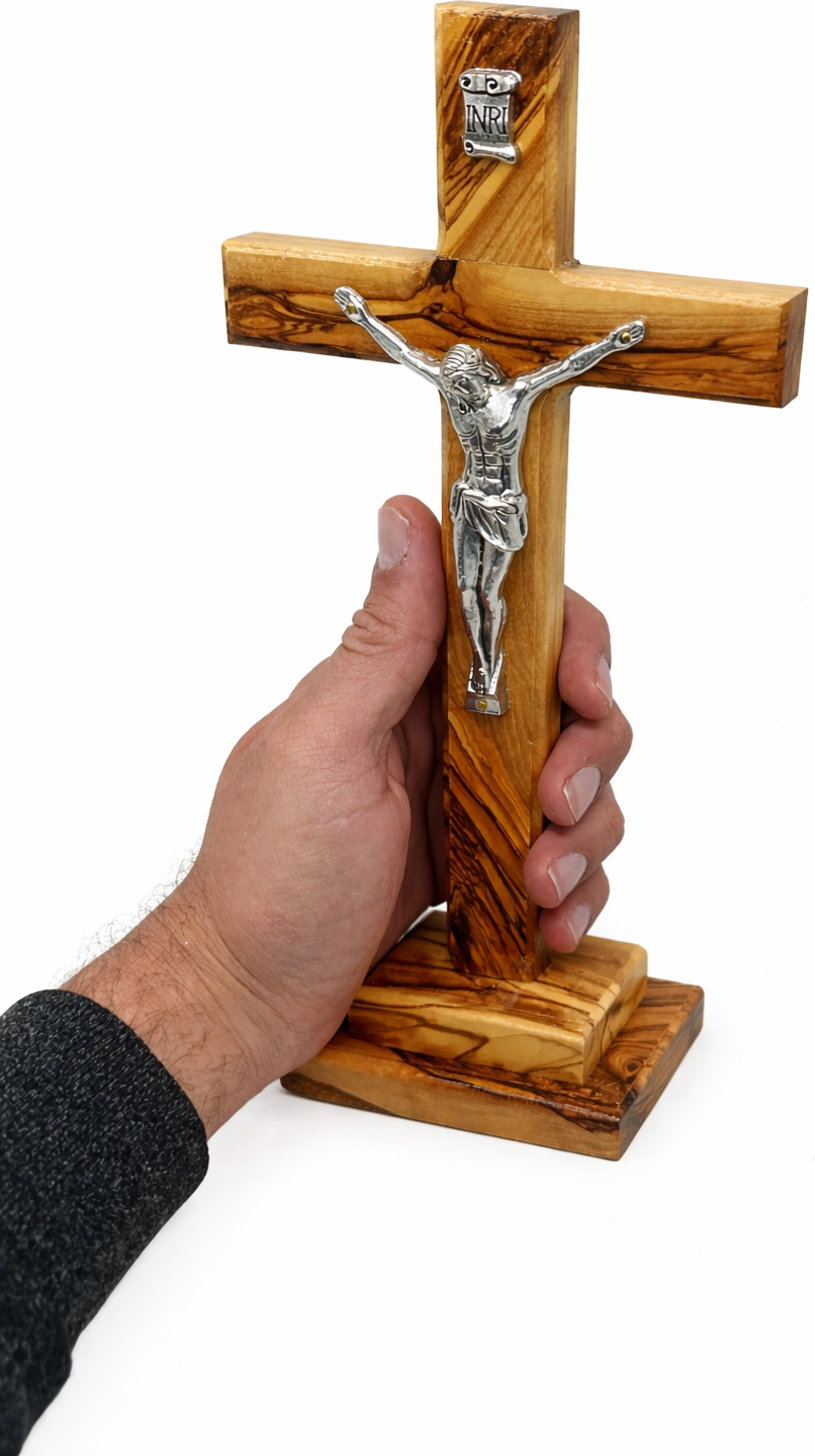 Handmade Olive Wood Crucifix from Bethlehem – Christian Cross with Metal Corpus & INRI – Holy Land Gift (4 Sizes)