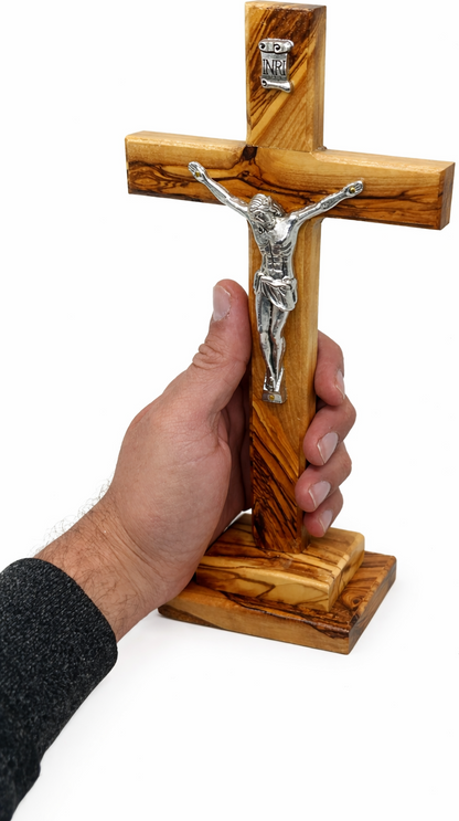 Handmade Olive Wood Crucifix from Bethlehem – Christian Cross with Metal Corpus & INRI – Holy Land Gift (4 Sizes)