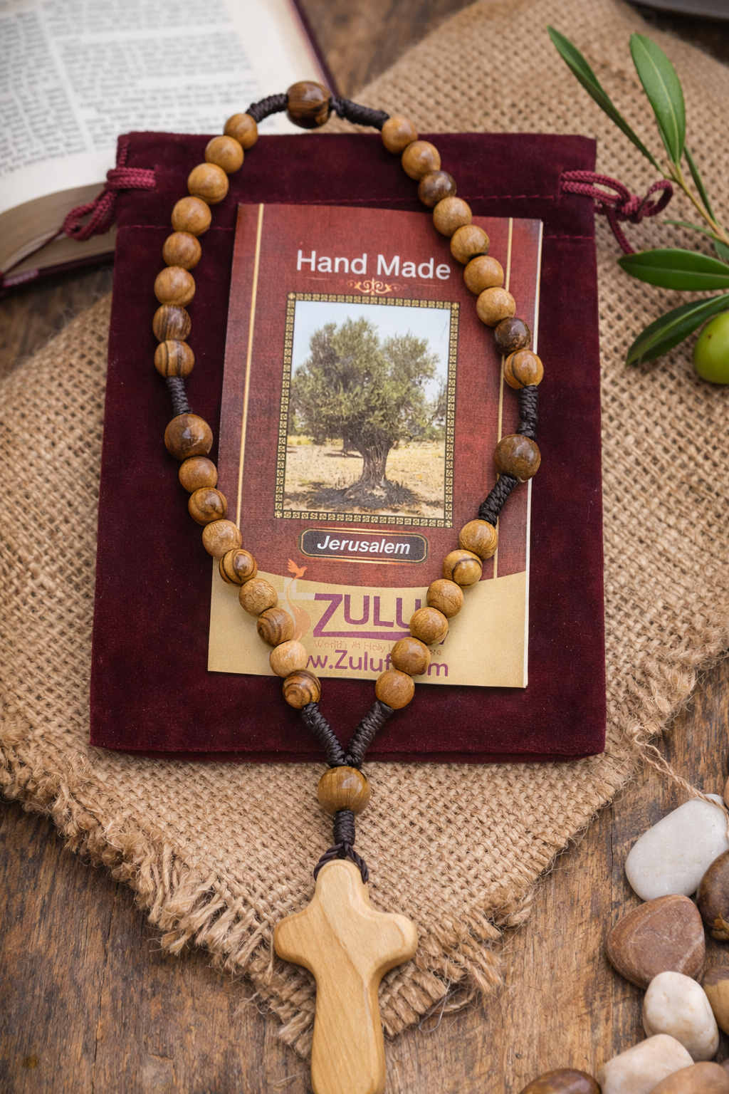 Olive Wood Rosary Handmade in Bethlehem – 11” Catholic Wooden Rosary with 33 Beads – Available as 1 Piece or Set of 3 – Includes Velvet Bag & Certificate – Holy Land Gift