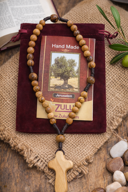 Olive Wood Rosary Handmade in Bethlehem – 11” Catholic Wooden Rosary with 33 Beads – Available as 1 Piece or Set of 3 – Includes Velvet Bag & Certificate – Holy Land Gift