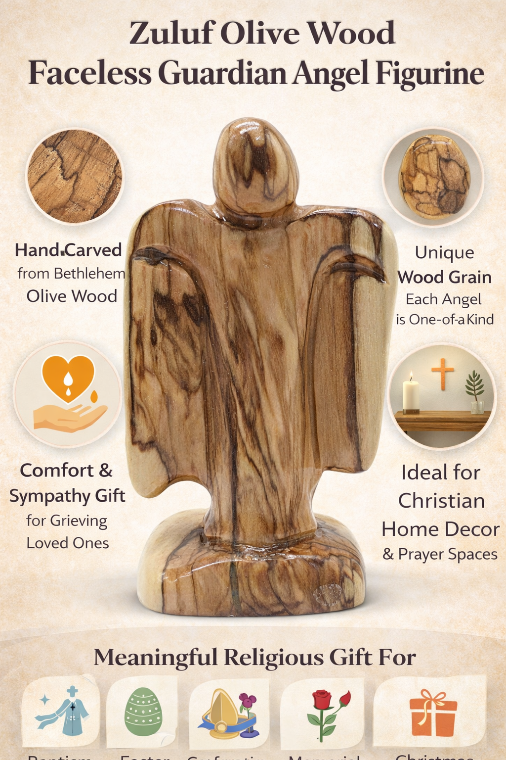 Hand-Carved Olive Wood Guardian Angel Figurine from Bethlehem - Additional View 8