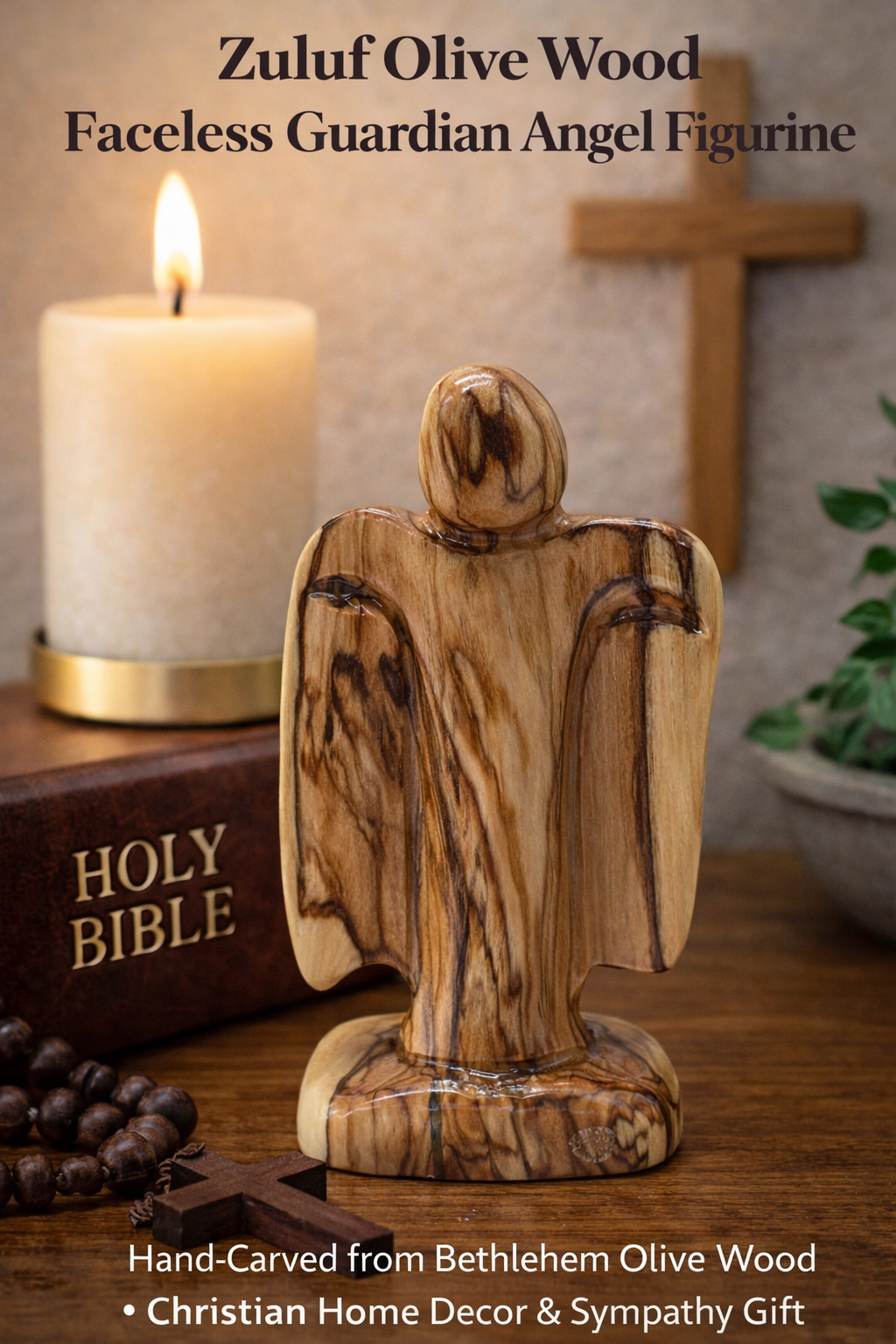 Hand-Carved Olive Wood Guardian Angel Figurine from Bethlehem - Additional View 9