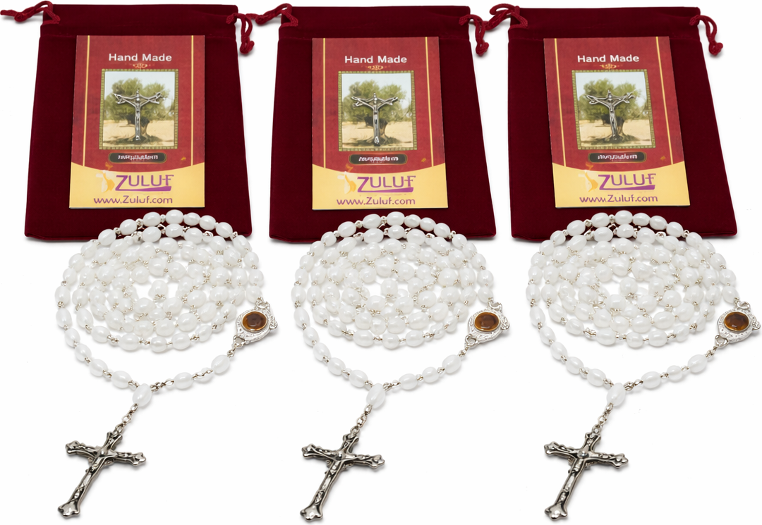 Zuluf Mother of Pearl Rosary Set of 3, 60cm Full-Length Catholic Prayer Beads with - Handmade in Bethlehem | Zuluf