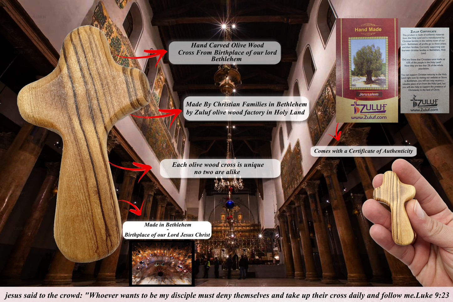 Olive Wood Hand Held Comfort Cross from Holy Land in Multiple Sizes