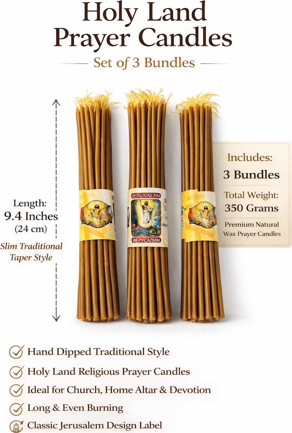 Holy Land Beeswax Prayer Candles (3-Pack) – 9.6" Long | Handmade in Jerusalem | 300g Total Weight