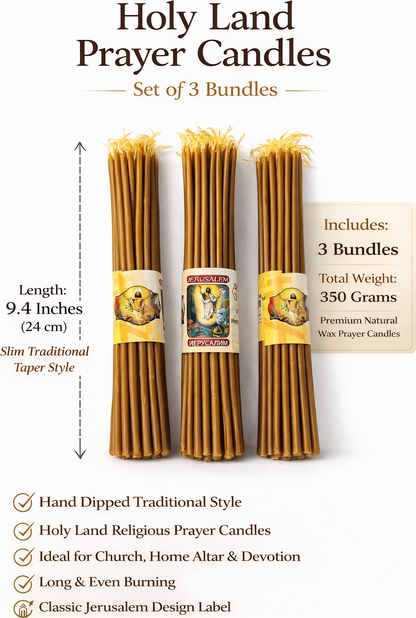 Holy Land Beeswax Prayer Candles (3-Pack) – 9.6" Long | Handmade in Jerusalem | 300g Total Weight