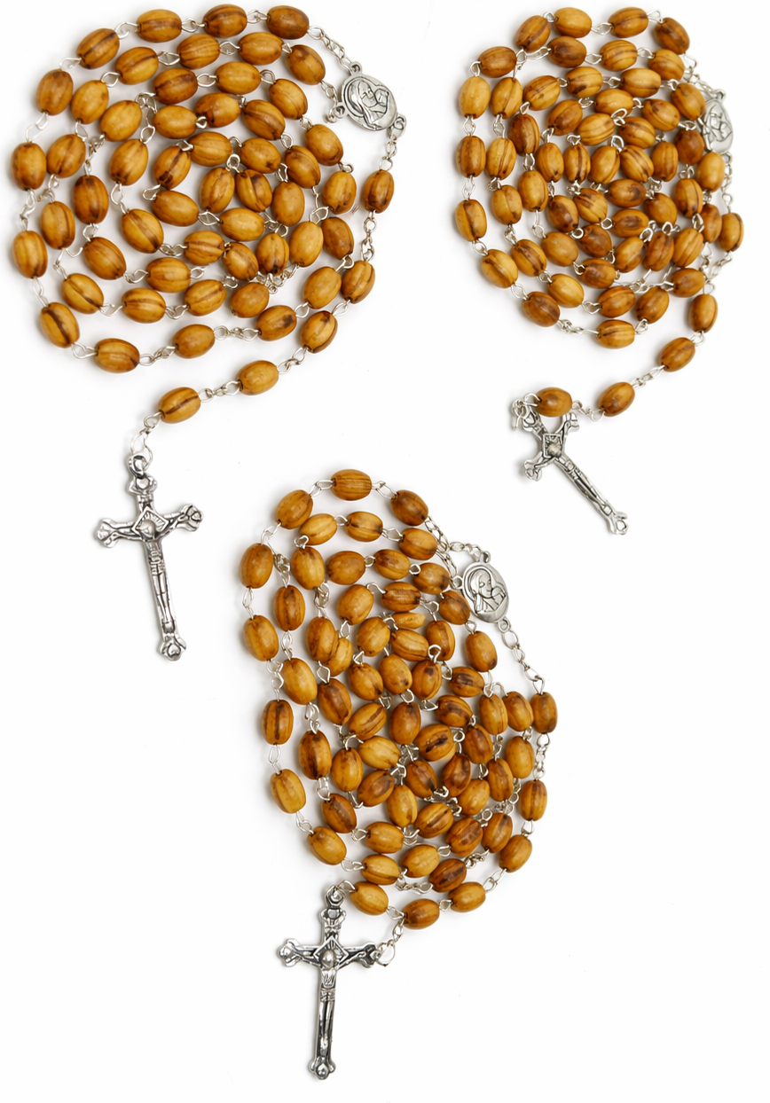 Olive Wood Rosary Handmade in Bethlehem – 23.6” Catholic Wooden Rosary with Silver Crucifix – Set of 3 or 6 – Includes Velvet Bags & Certificates – Holy Land Christian Gift