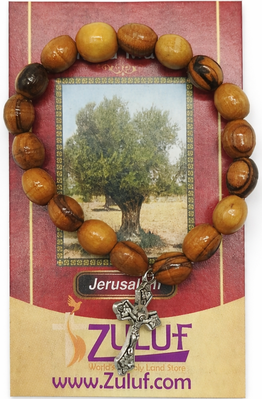 Olive Wood Bracelet with Metallic Cross Handmade Jewelry
