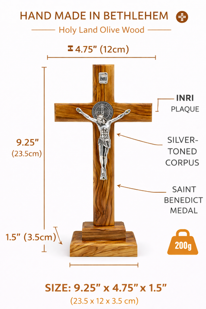 Handmade Olive Wood Saint Benedict Crucifix from Bethlehem – Catholic Standing Cross with - Additional View 12