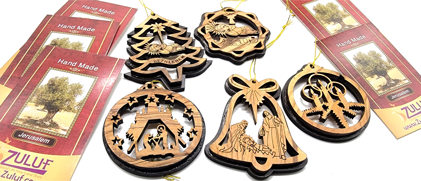 3 Olive Wood Christmas Ornaments Zuluf Bethlehem Packaging Set
